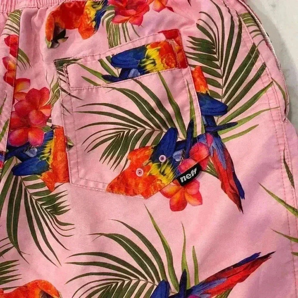 Neff Pink Parrot Paradise Print Hot Tub Shorts Board Short Swim Trunks Men Small - Picture 6 of 6